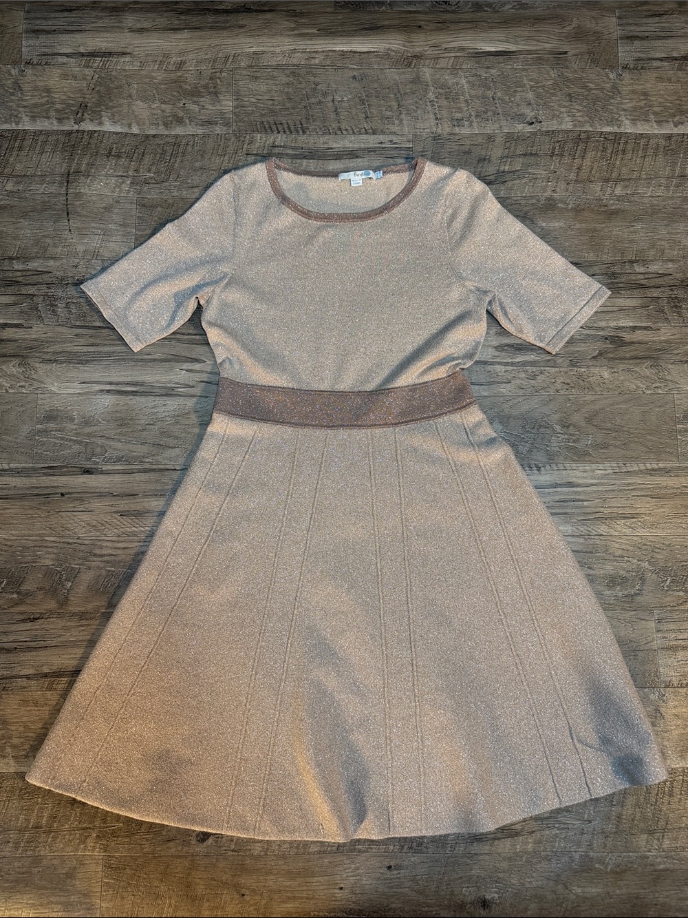 Boden Silver Sparkle Fit-and-Flare Dress in Cream & Tan - Size 10R